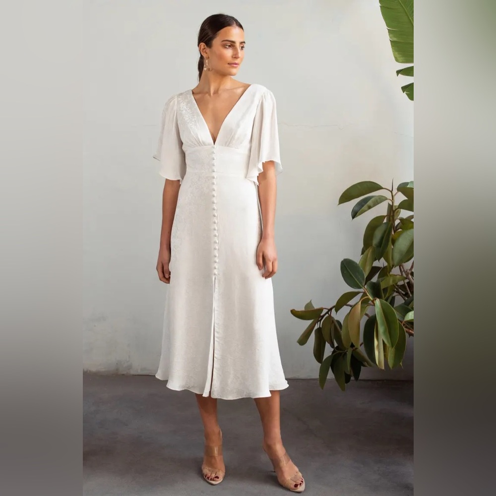 Jenny Yoo Ivory Midi Dress with Flutter Sleeves